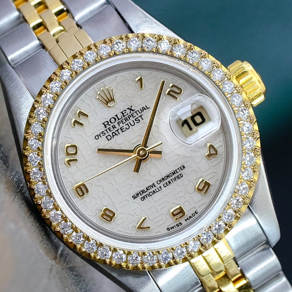 ROLEX LADIES DATEJUST GOLD STEEL BEIGE ARABIC DIAL DIAMOND BEZEL 26MM WATCH